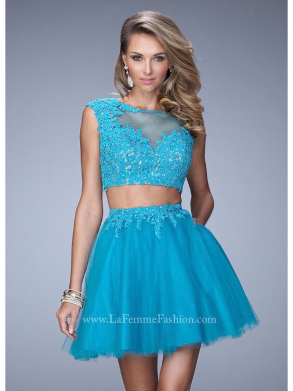 La Femme Turquoise Two-Piece Lace & Tulle Homecoming Quinceañera Dress Sweet 16